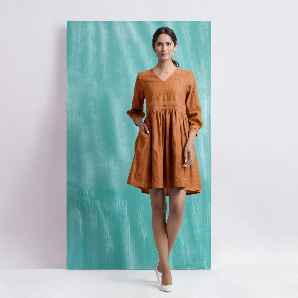 Orange Handspun Cotton V-Neck Gathered Short Dress
