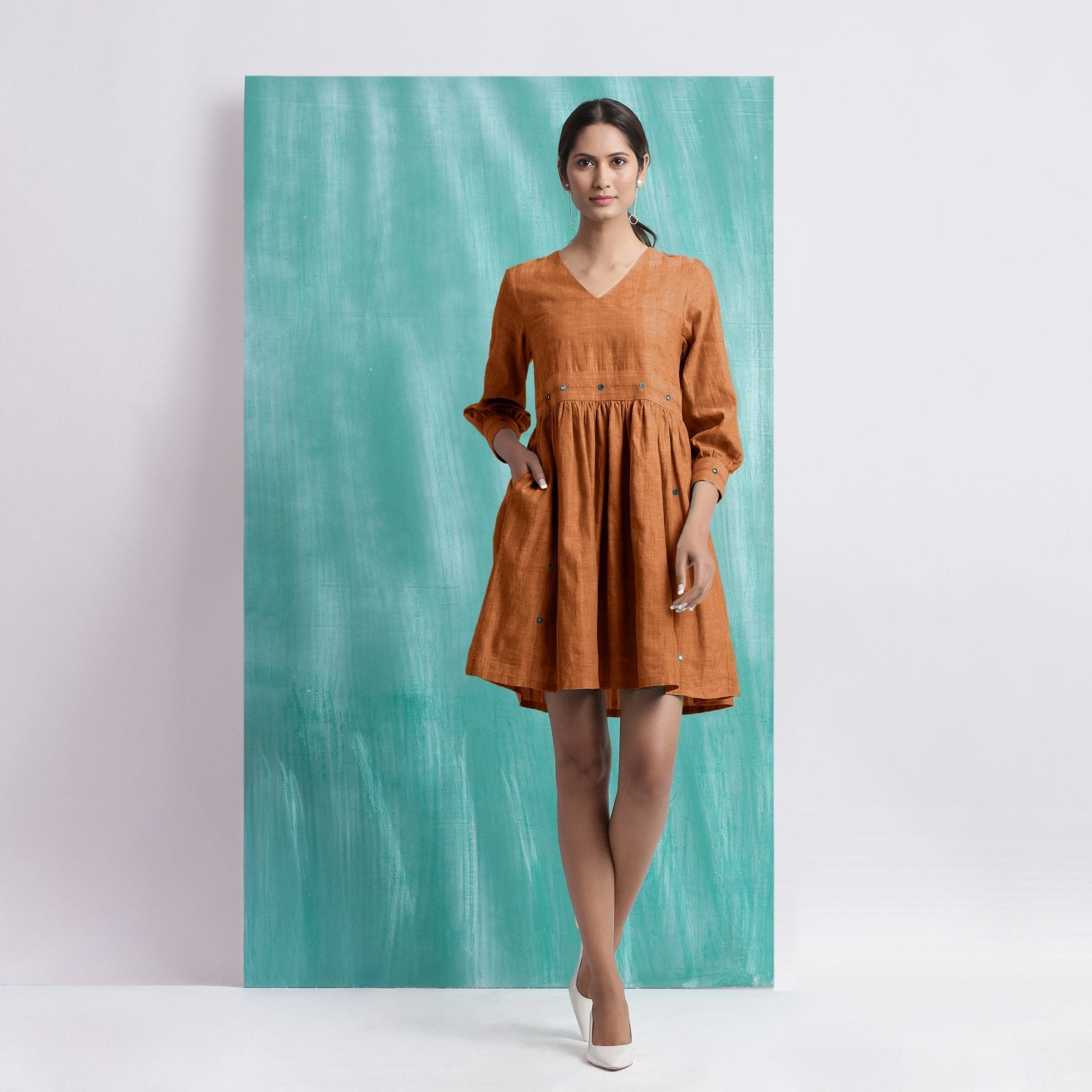 Orange Handspun Cotton V-Neck Gathered Short Dress