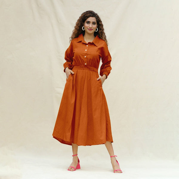 Orange Handspun Cotton Yoked Button-Down Maxi Dress