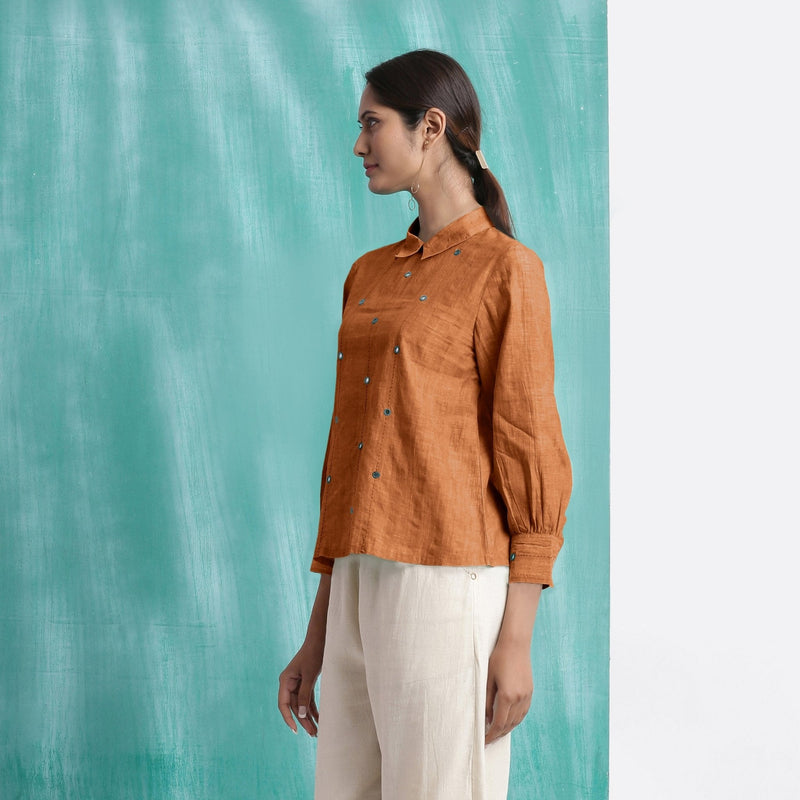 Orange Mirror Work Handspun Cotton Blouse Top