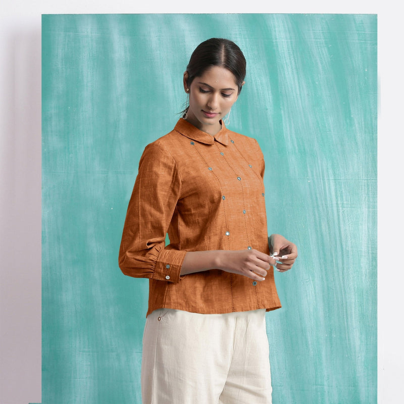 Orange Mirror Work Handspun Cotton Blouse Top