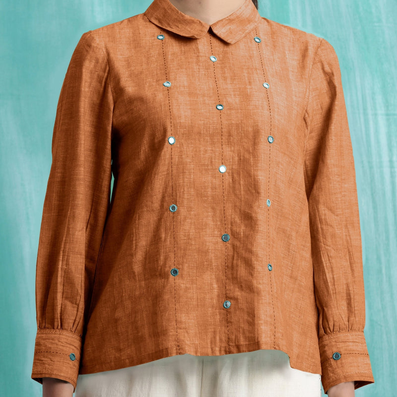 Orange Mirror Work Handspun Cotton Blouse Top