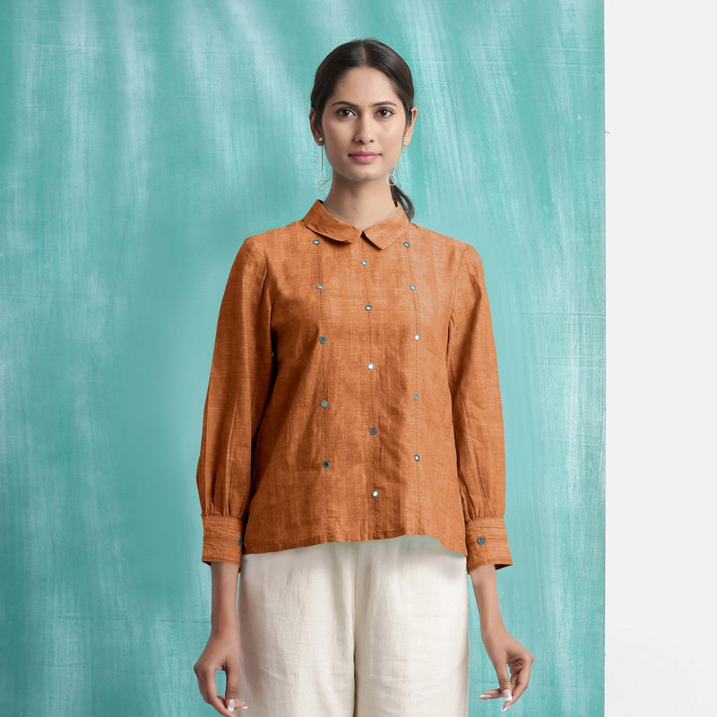 Orange Mirror Work Handspun Cotton Blouse Top