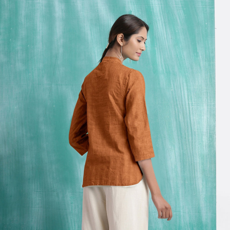 Orange Mirror Work Handspun Cotton Mandarin Collar Top
