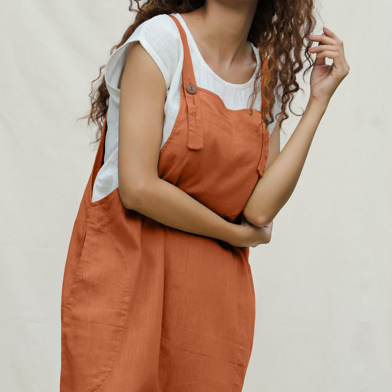 Orange 100% Cotton Midi Dungaree Jumpsuit