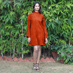 Orange Warm Cotton Corduroy A-Line Short Dress