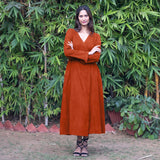 Orange Warm Cotton Corduroy Deep Neck Midi Wrap Dress