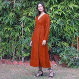 Orange Warm Cotton Corduroy Deep Neck Midi Wrap Dress