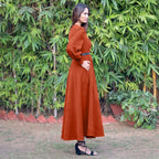 Orange Warm Cotton Corduroy Fit and Flare Maxi Dress