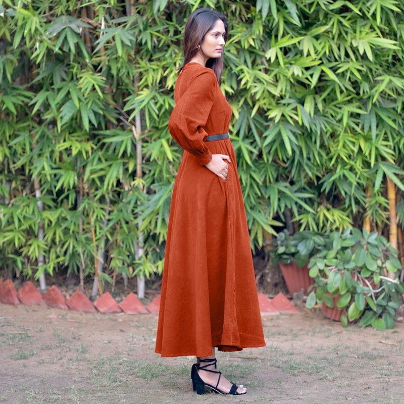 Orange Warm Cotton Corduroy Fit and Flare Maxi Dress