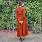Orange Warm Cotton Corduroy Fit and Flare Maxi Dress