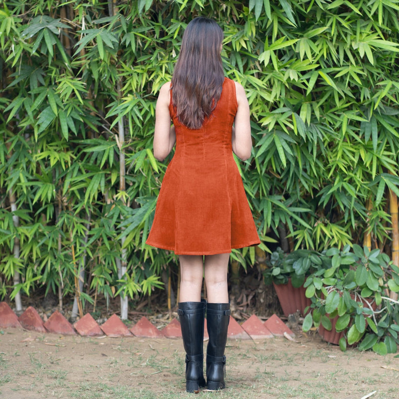 Orange Warm Cotton Corduroy Fit and Flare Sleeveless Short Dress