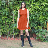 Orange Warm Cotton Corduroy Fit and Flare Sleeveless Short Dress