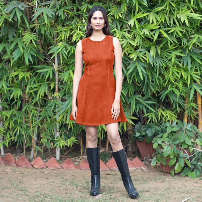 Orange Warm Cotton Corduroy Fit and Flare Sleeveless Short Dress