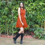 Orange Warm Cotton Corduroy Fit and Flare Sleeveless Short Dress