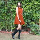 Orange Warm Cotton Corduroy Fit and Flare Sleeveless Short Dress