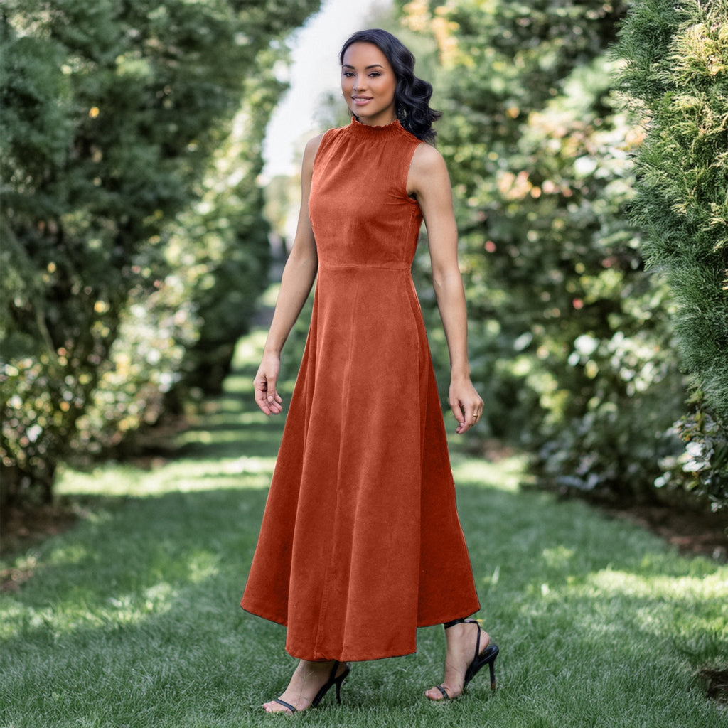 Orange Warm Cotton Corduroy High-Neck Sleeveless Slit Dress