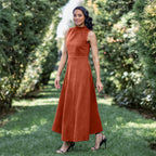 Orange Warm Cotton Corduroy High-Neck Sleeveless Slit Dress