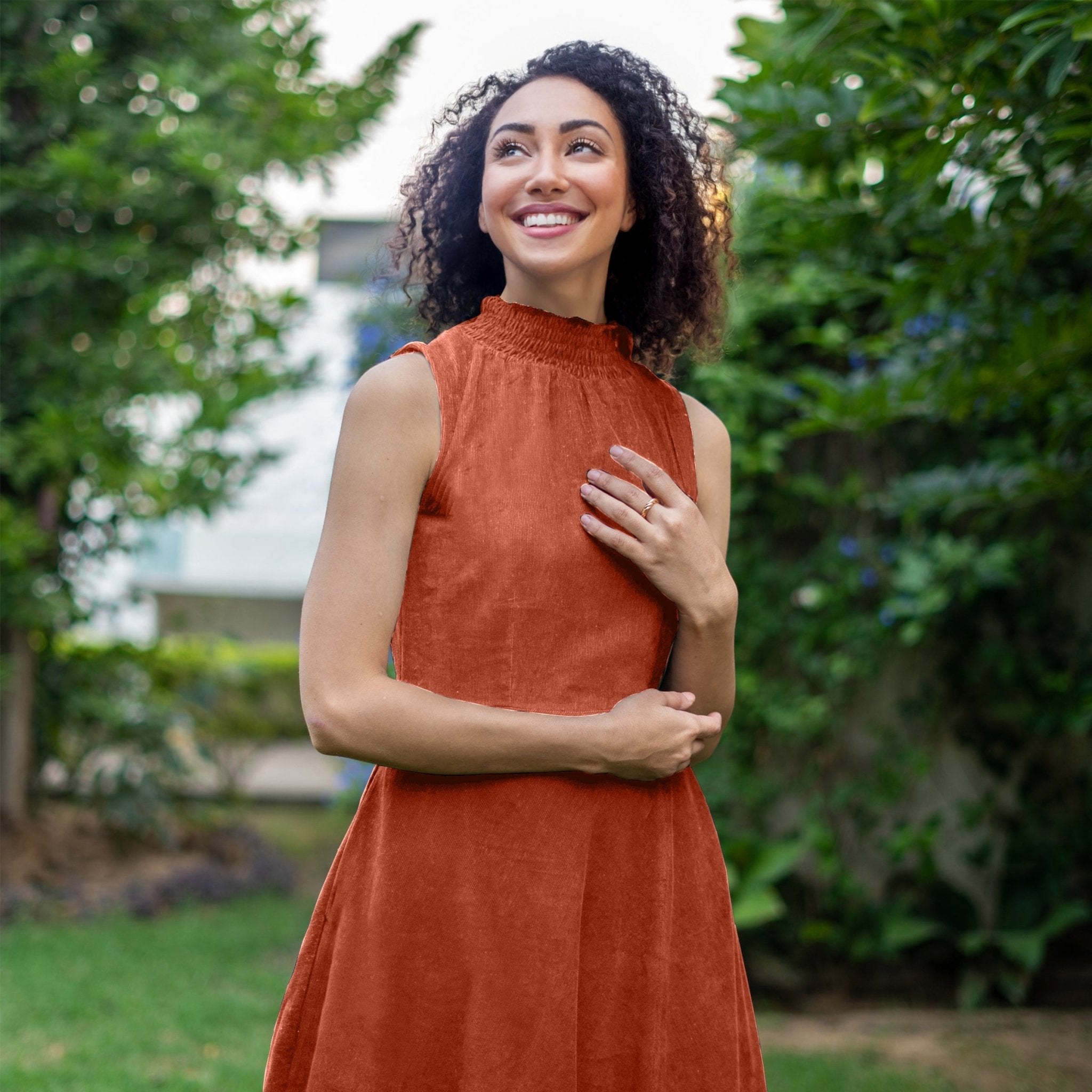 Orange Warm Cotton Corduroy High-Neck Sleeveless Slit Dress