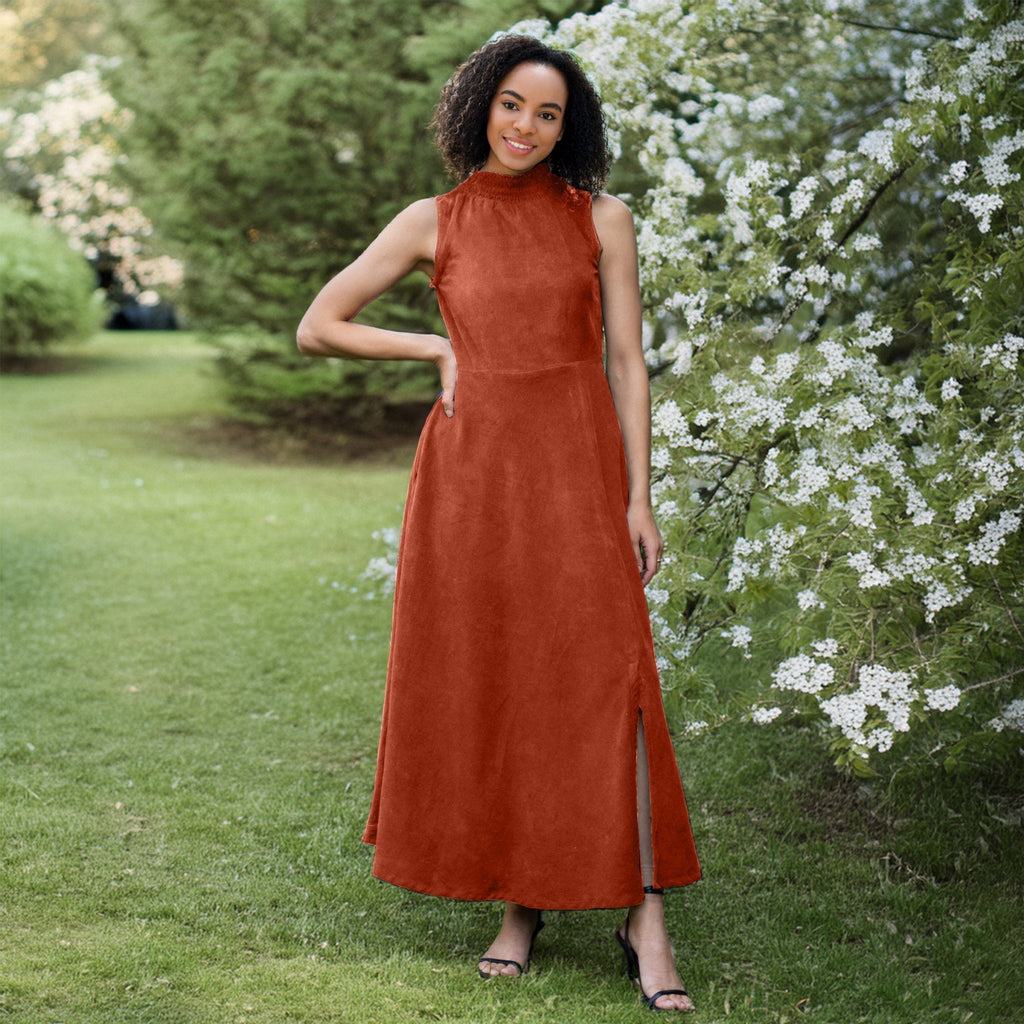 Orange Warm Cotton Corduroy High-Neck Sleeveless Slit Dress