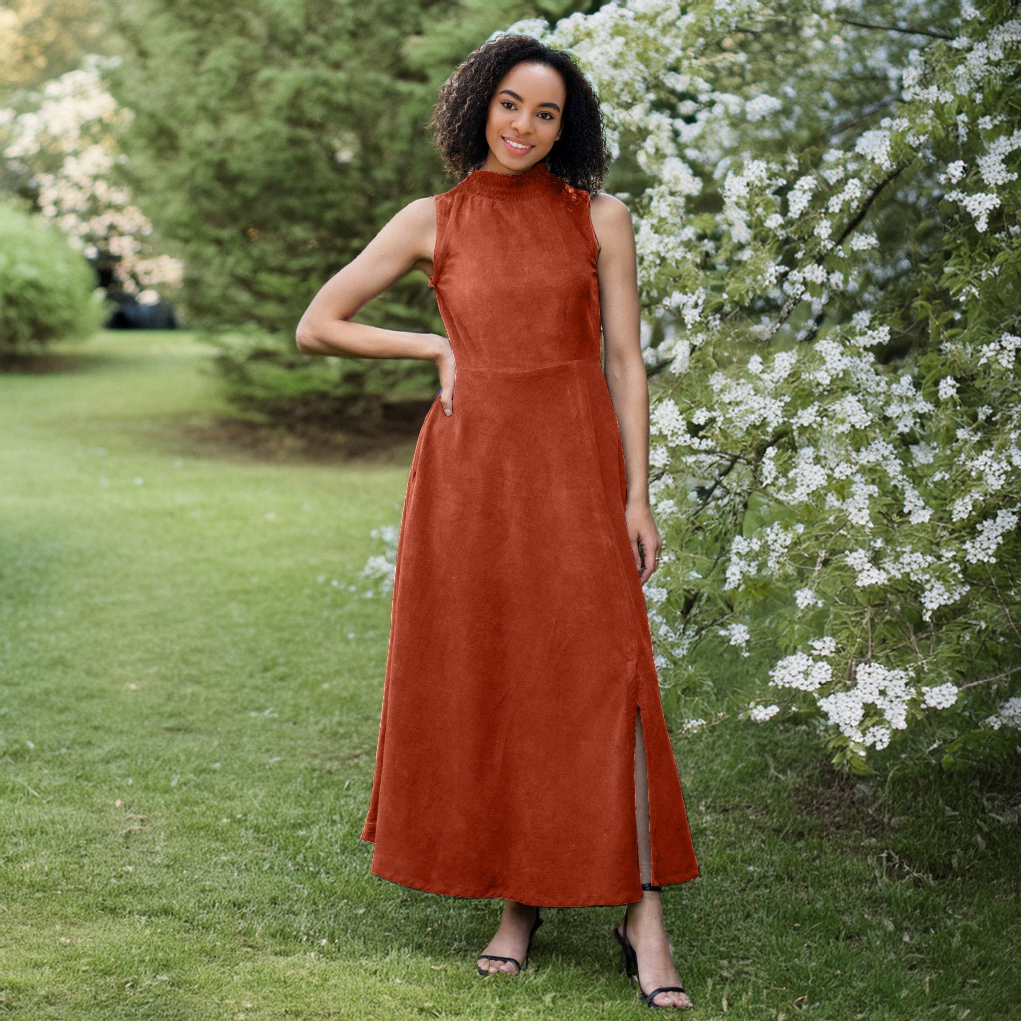 Orange Warm Cotton Corduroy High-Neck Sleeveless Slit Dress