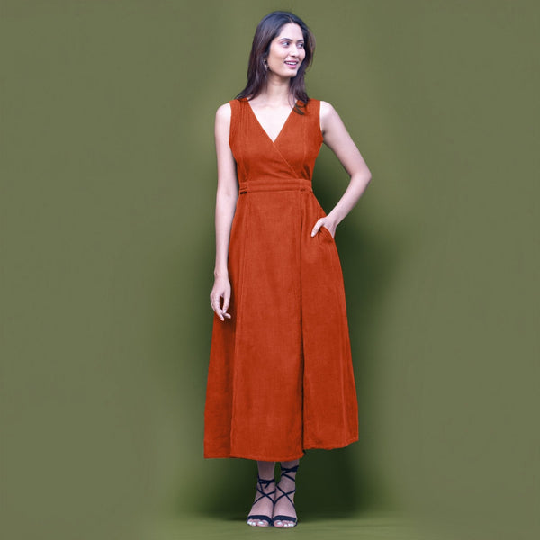 Orange Warm Cotton Corduroy Sleeveless Midi Wrap Dress