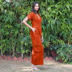 Orange Warm Cotton Corduroy Wide Legged Wrap Cargo Jumpsuit
