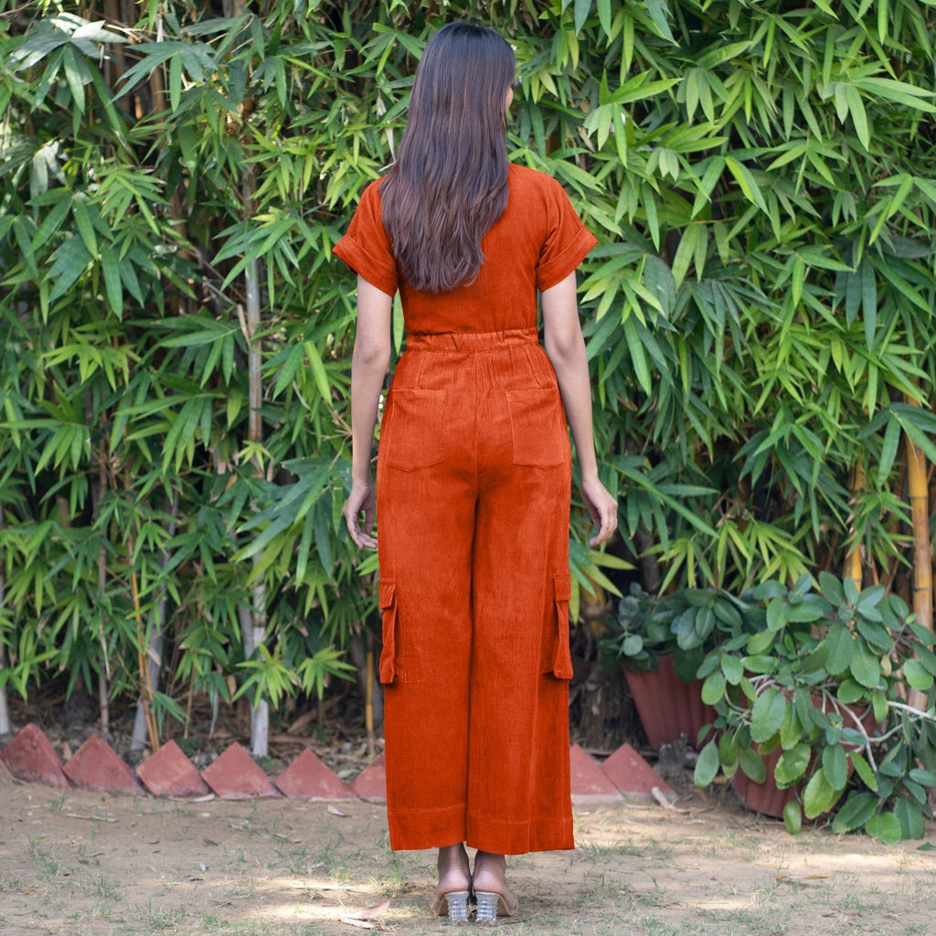 Orange Warm Cotton Corduroy Wide Legged Wrap Cargo Jumpsuit
