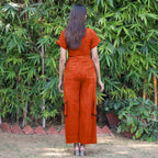 Orange Warm Cotton Corduroy Wide Legged Wrap Cargo Jumpsuit
