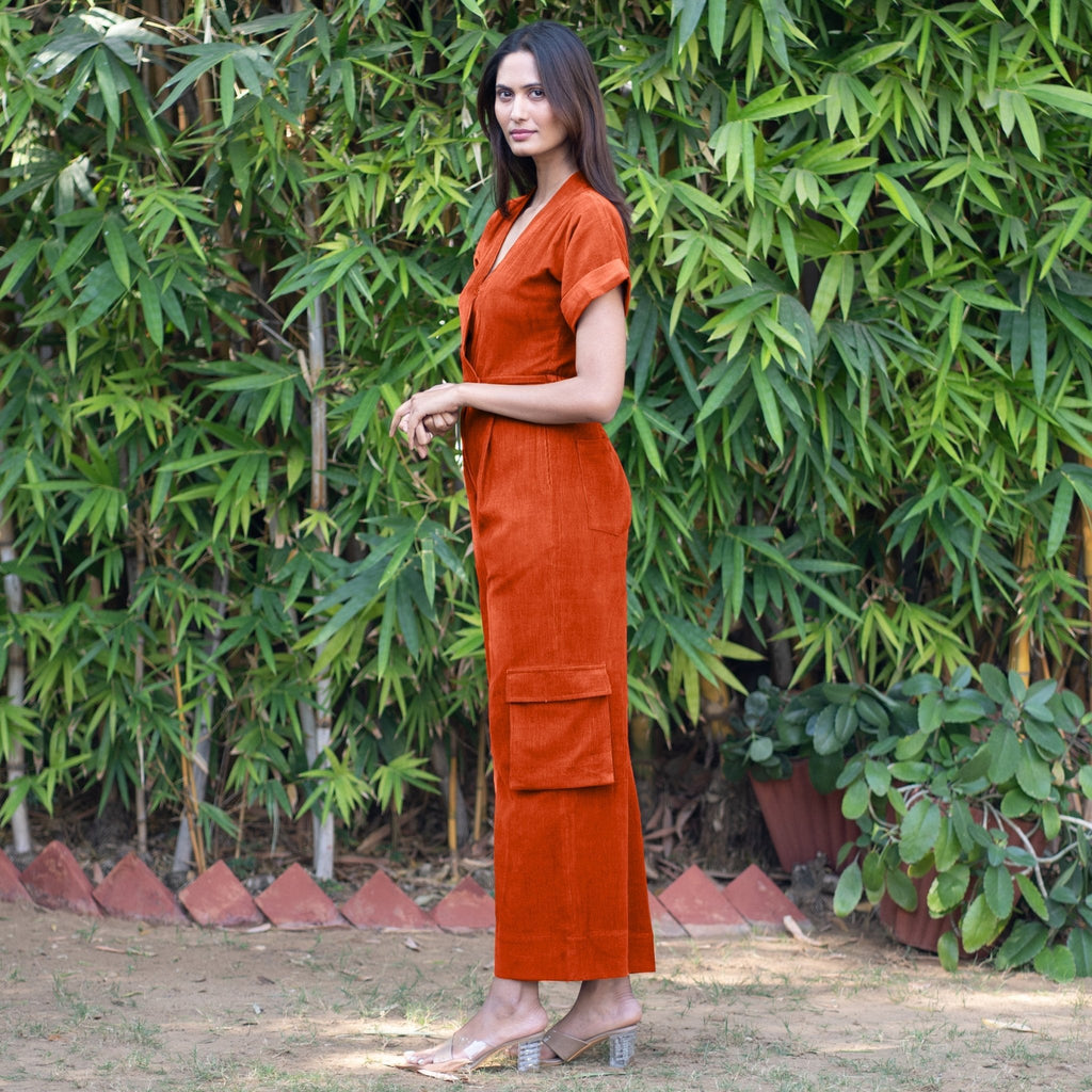 Orange Warm Cotton Corduroy Wide Legged Wrap Cargo Jumpsuit