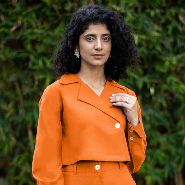 Orange Cotton Poplin Full Sleeve Cropped Shirt