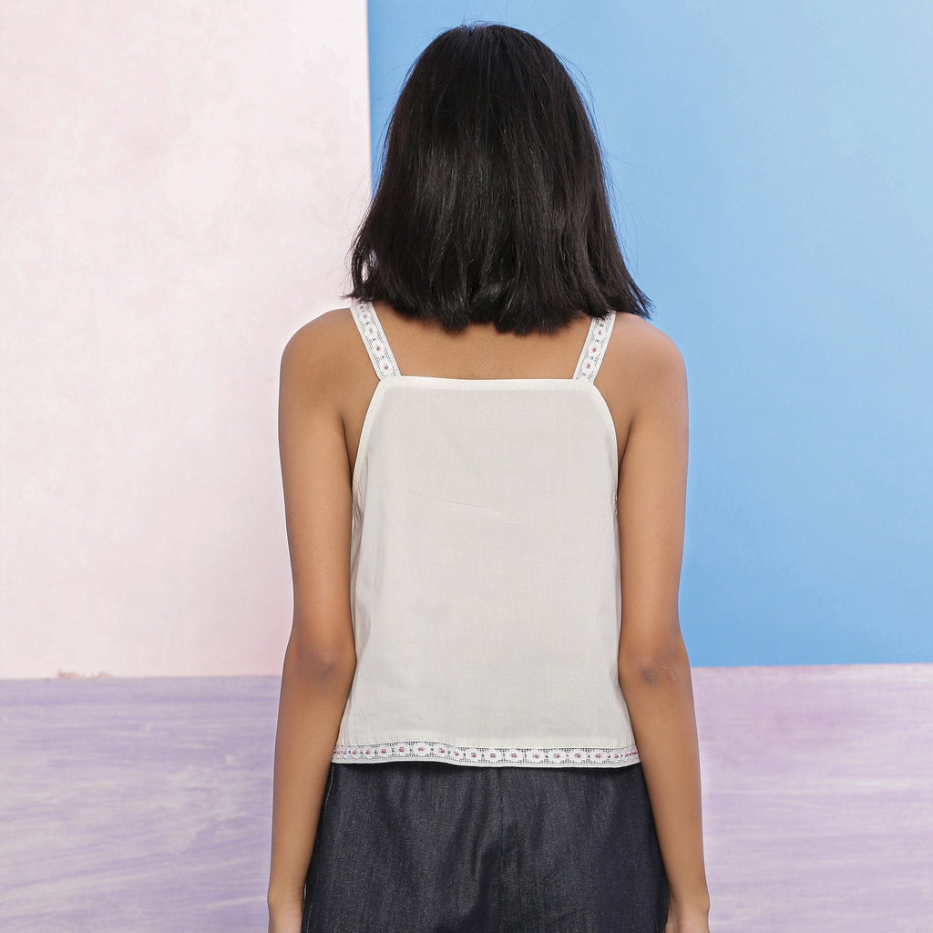 Back View of a Model wearing Organic Cotton Lace Beaded Camisole Top