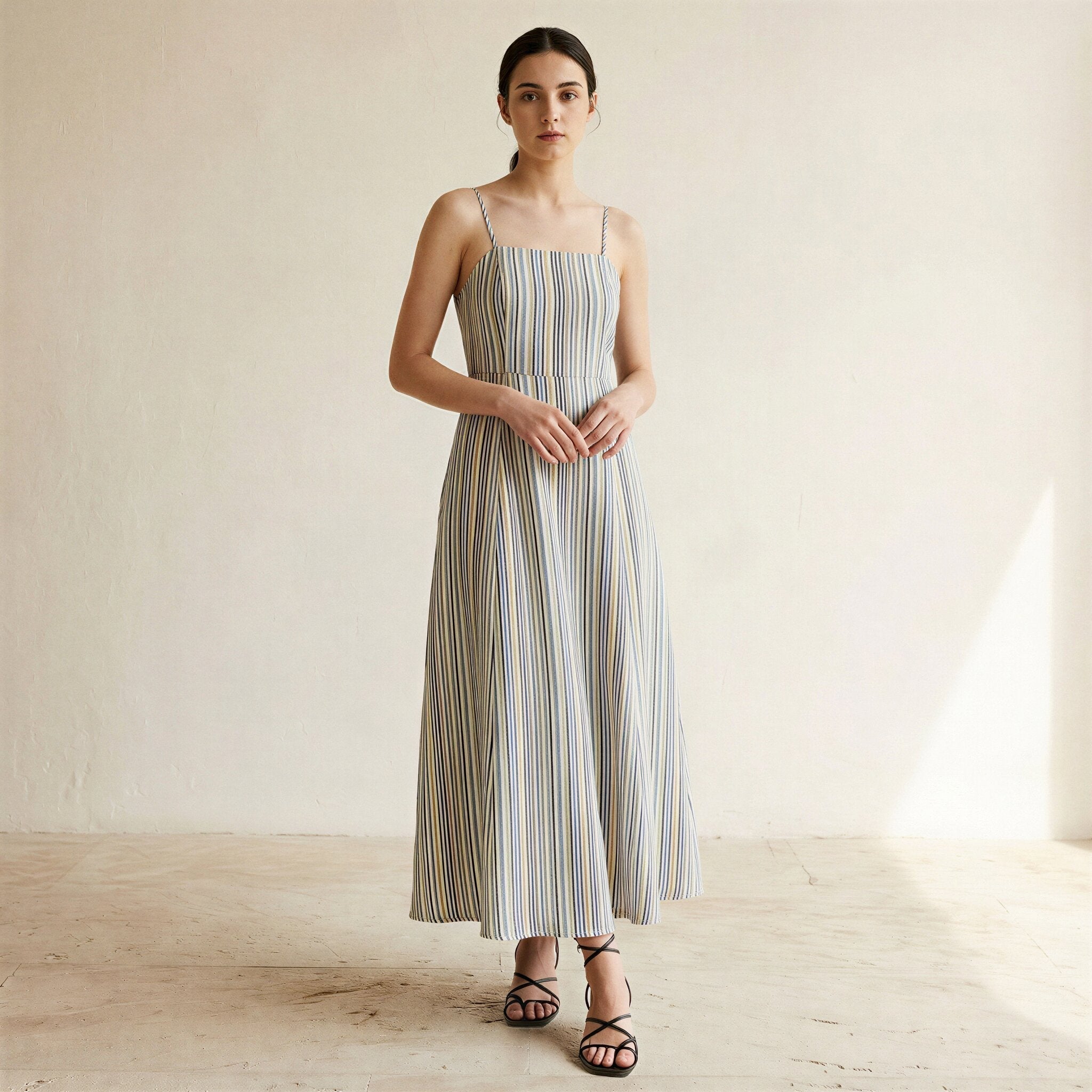 Pastel Stripes Handspun Cotton Ankle Length Flared Sundress