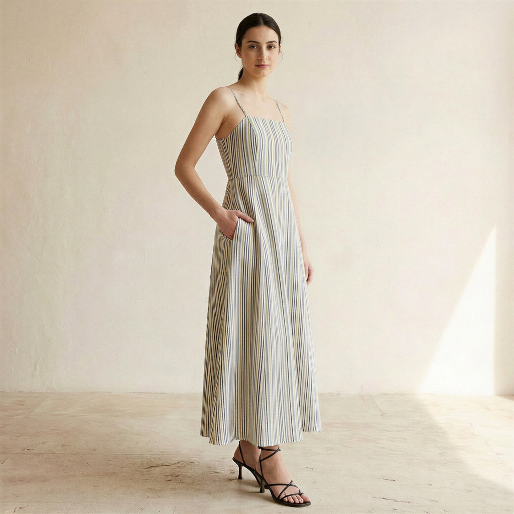 Pastel Stripes Handspun Cotton Ankle Length Flared Sundress