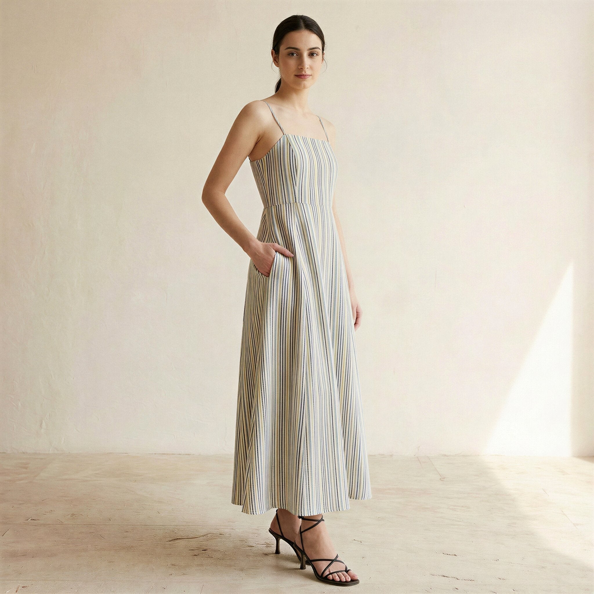Pastel Stripes Handspun Cotton Ankle Length Flared Sundress