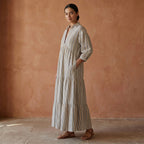Pastel Stripes Handspun Cotton Deep-V Maxi Tier Dress