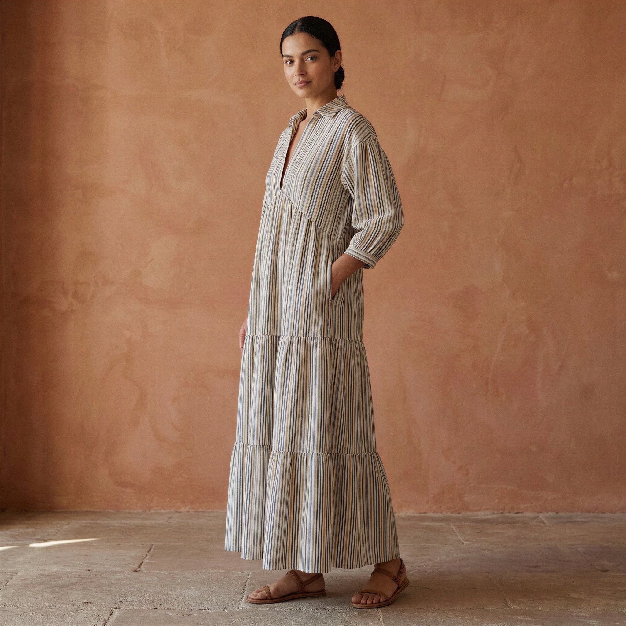 Pastel Stripes Handspun Cotton Deep-V Maxi Tier Dress
