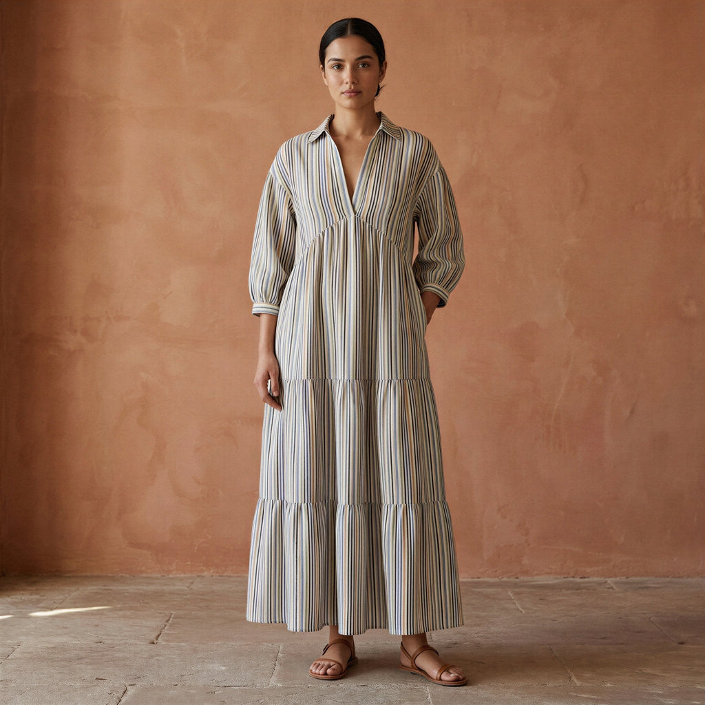Pastel Stripes Handspun Cotton Deep-V Maxi Tier Dress