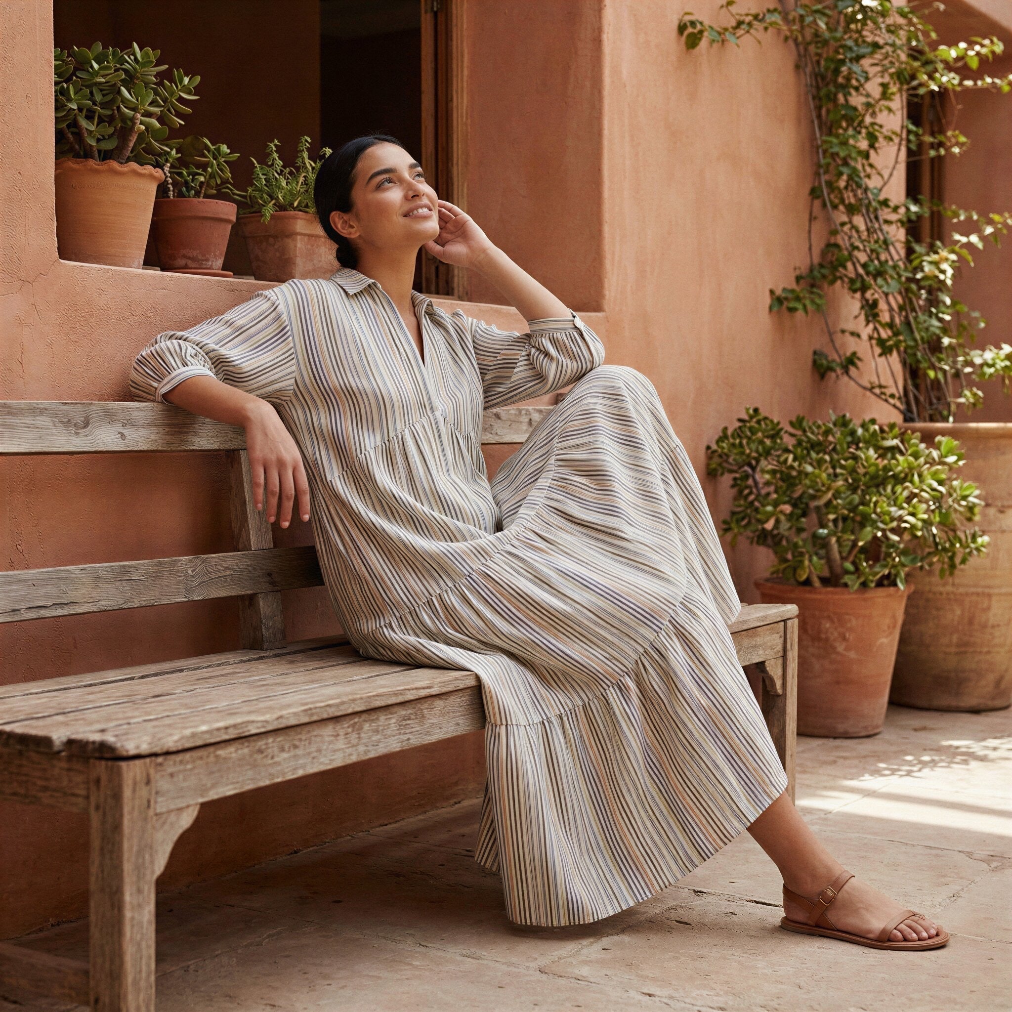 Pastel Stripes Handspun Cotton Deep-V Maxi Tier Dress
