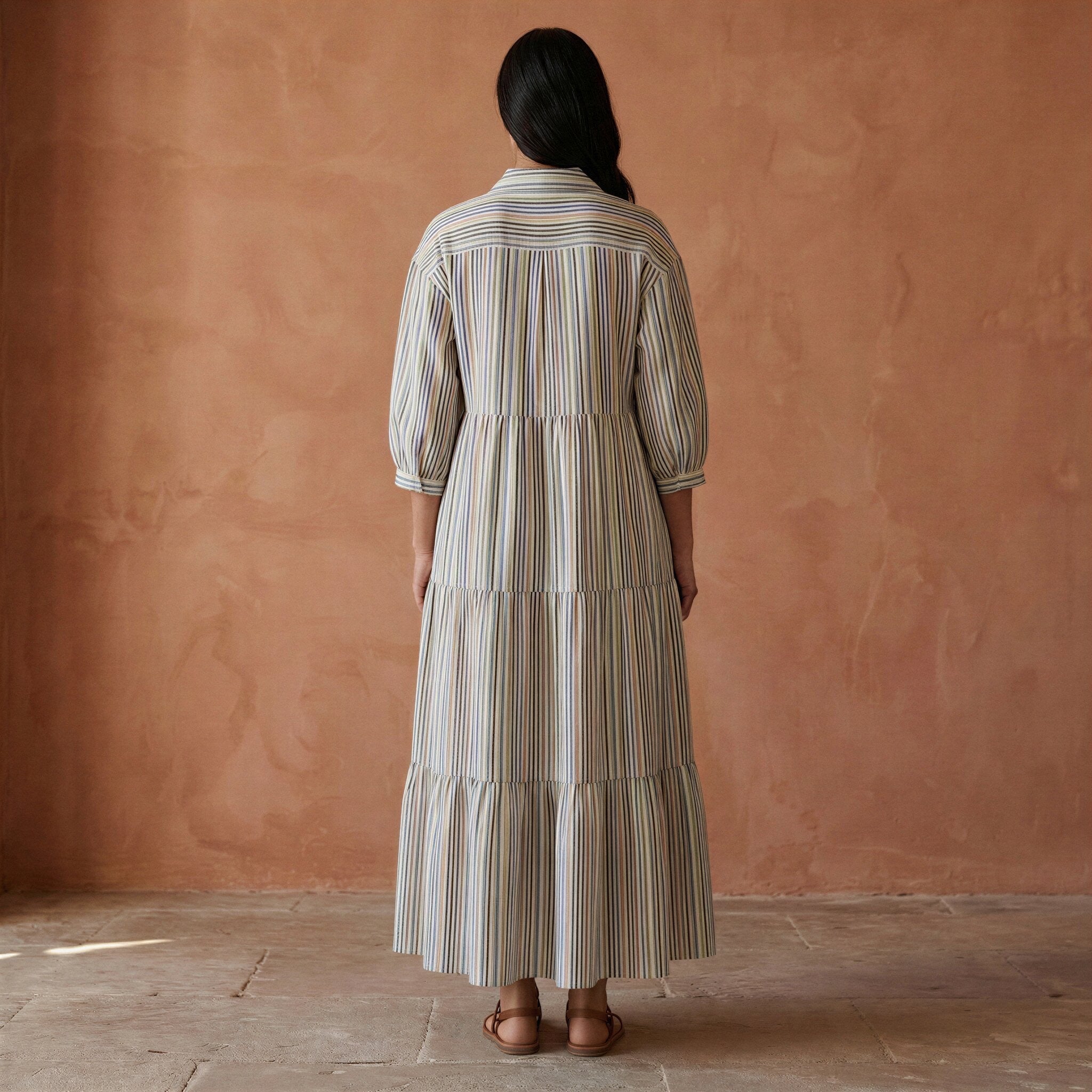 Pastel Stripes Handspun Cotton Deep-V Maxi Tier Dress
