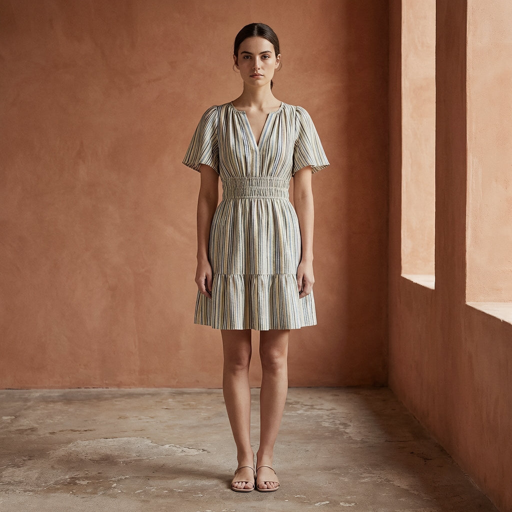 Pastel Stripes Handspun Cotton Elasticated Short Tier Dress