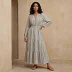 Pastel Stripes Handspun Cotton Fit and Flare Maxi Tier Dress