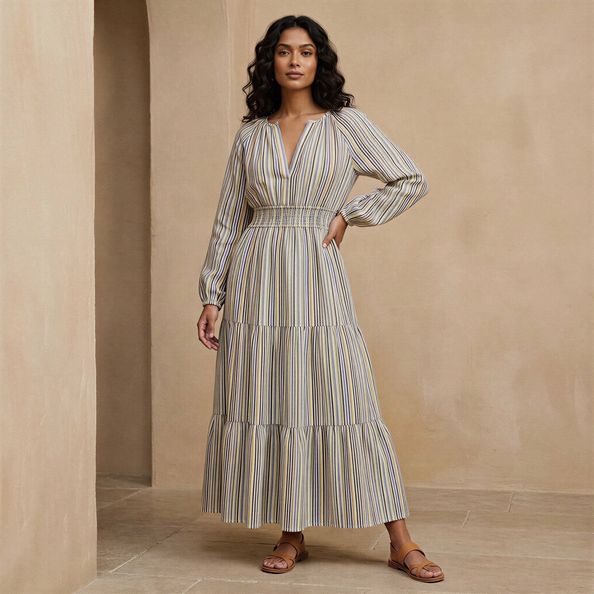 Pastel Stripes Handspun Cotton Fit and Flare Maxi Tier Dress