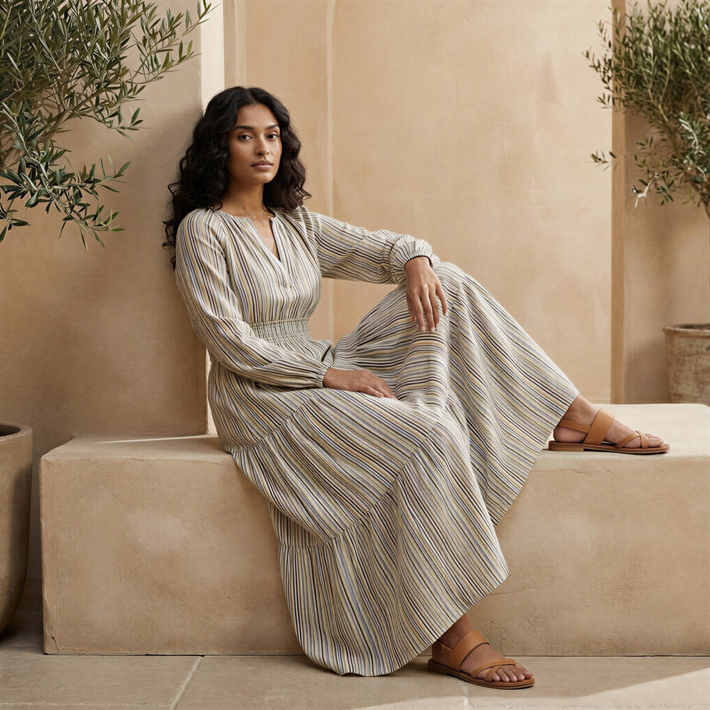 Pastel Stripes Handspun Cotton Fit and Flare Maxi Tier Dress