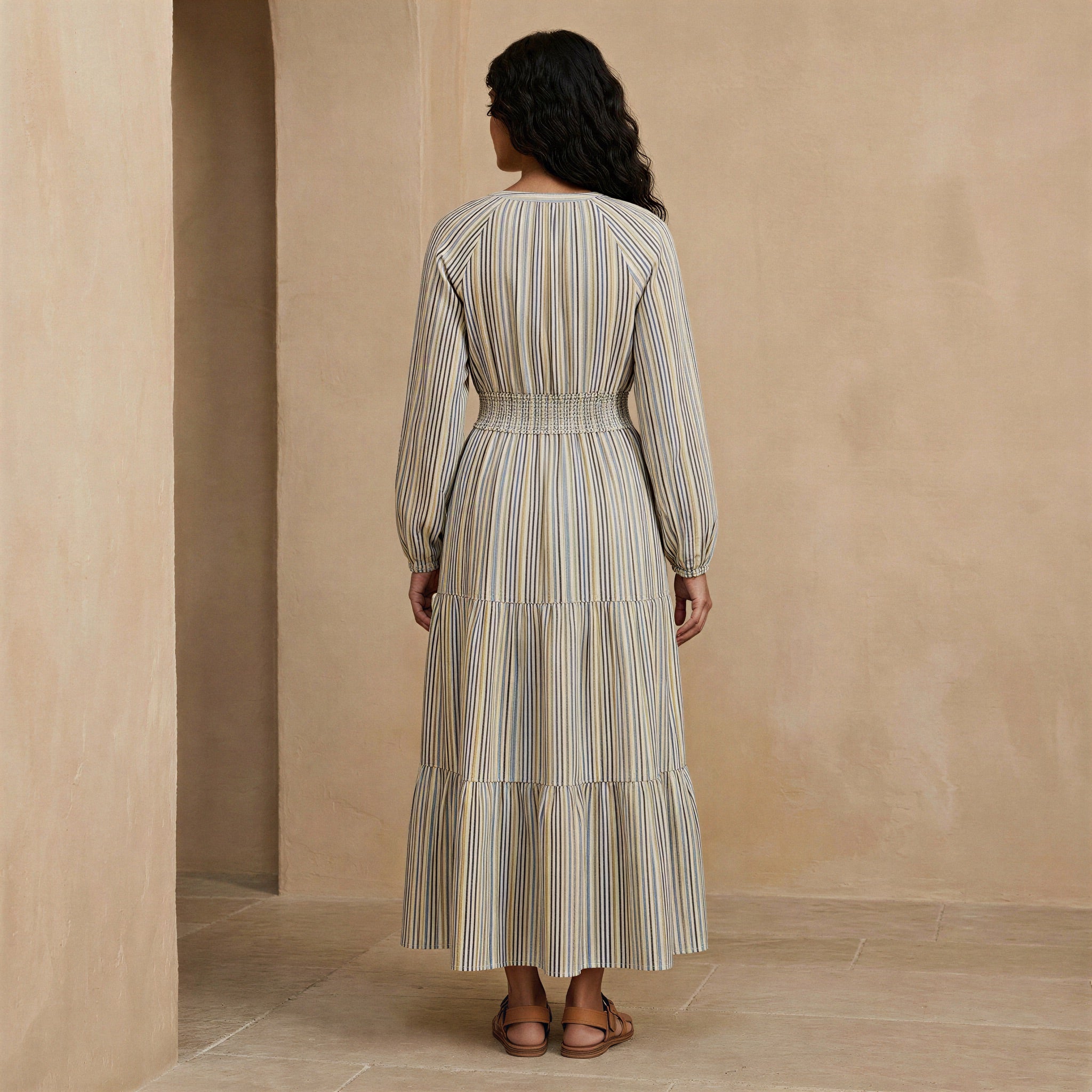 Pastel Stripes Handspun Cotton Fit and Flare Maxi Tier Dress