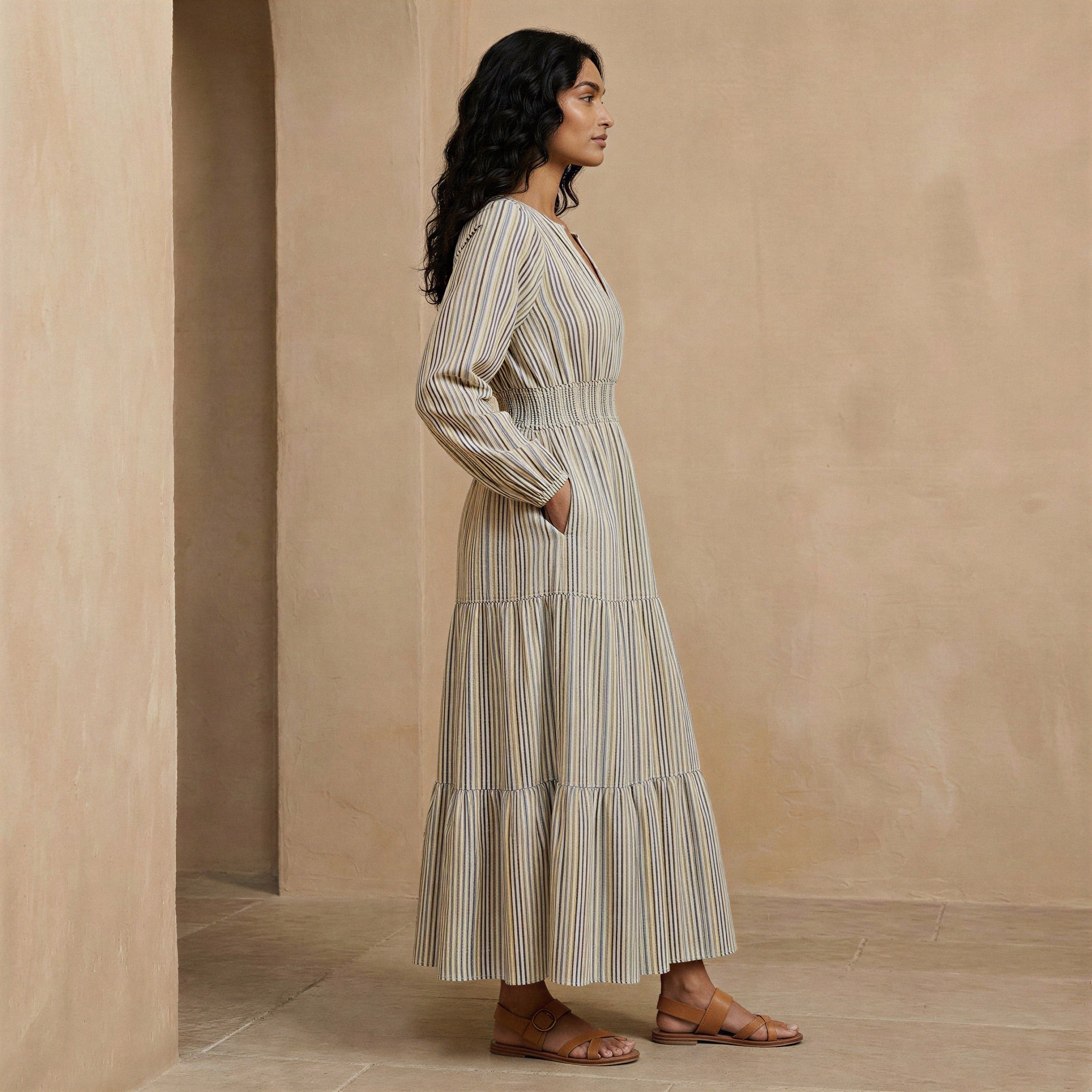 Pastel Stripes Handspun Cotton Fit and Flare Maxi Tier Dress
