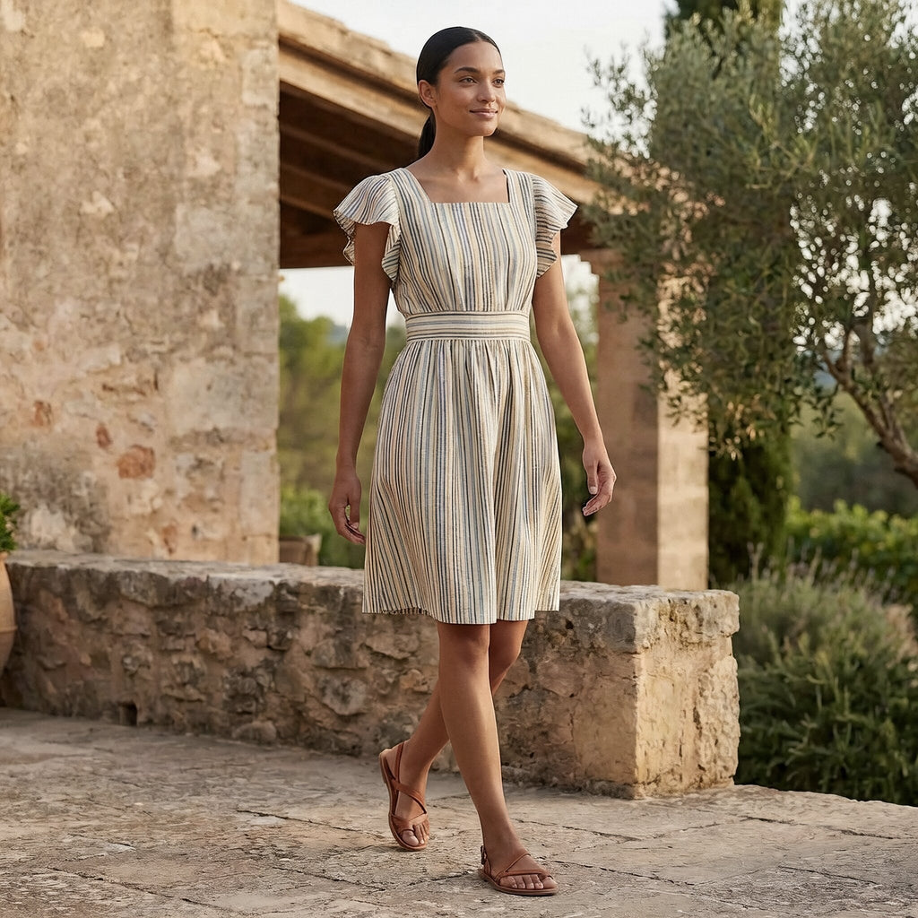 Pastel Stripes Handspun Cotton Open-Back Fit and Flare Knee Length Dress