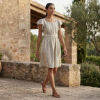 Pastel Stripes Handspun Cotton Open-Back Fit and Flare Knee Length Dress