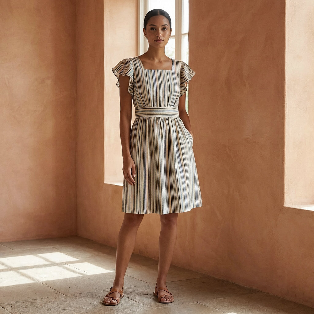 Pastel Stripes Handspun Cotton Open-Back Fit and Flare Knee Length Dress