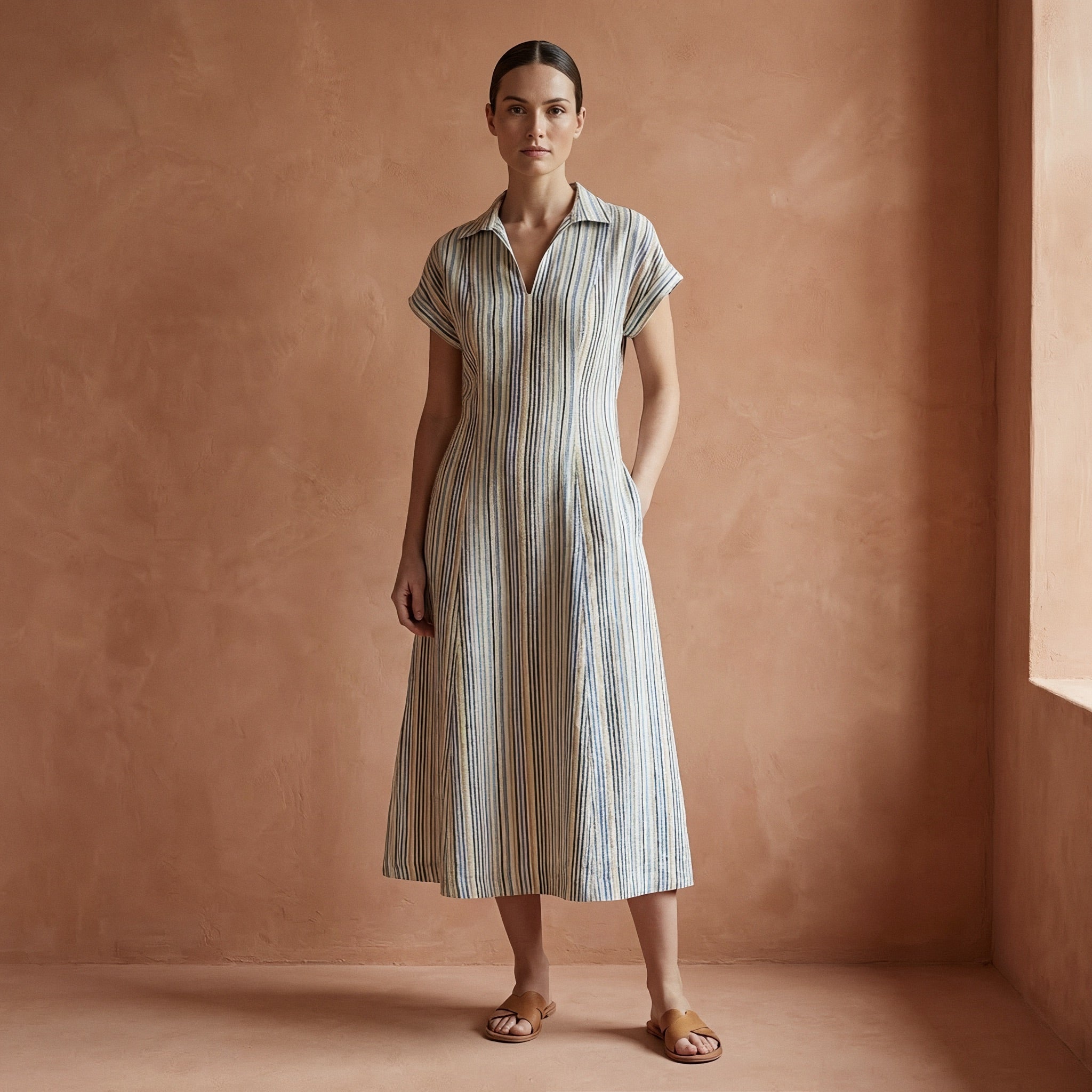 Pastel Stripes Handspun Cotton Paneled A-Line Midi Dress